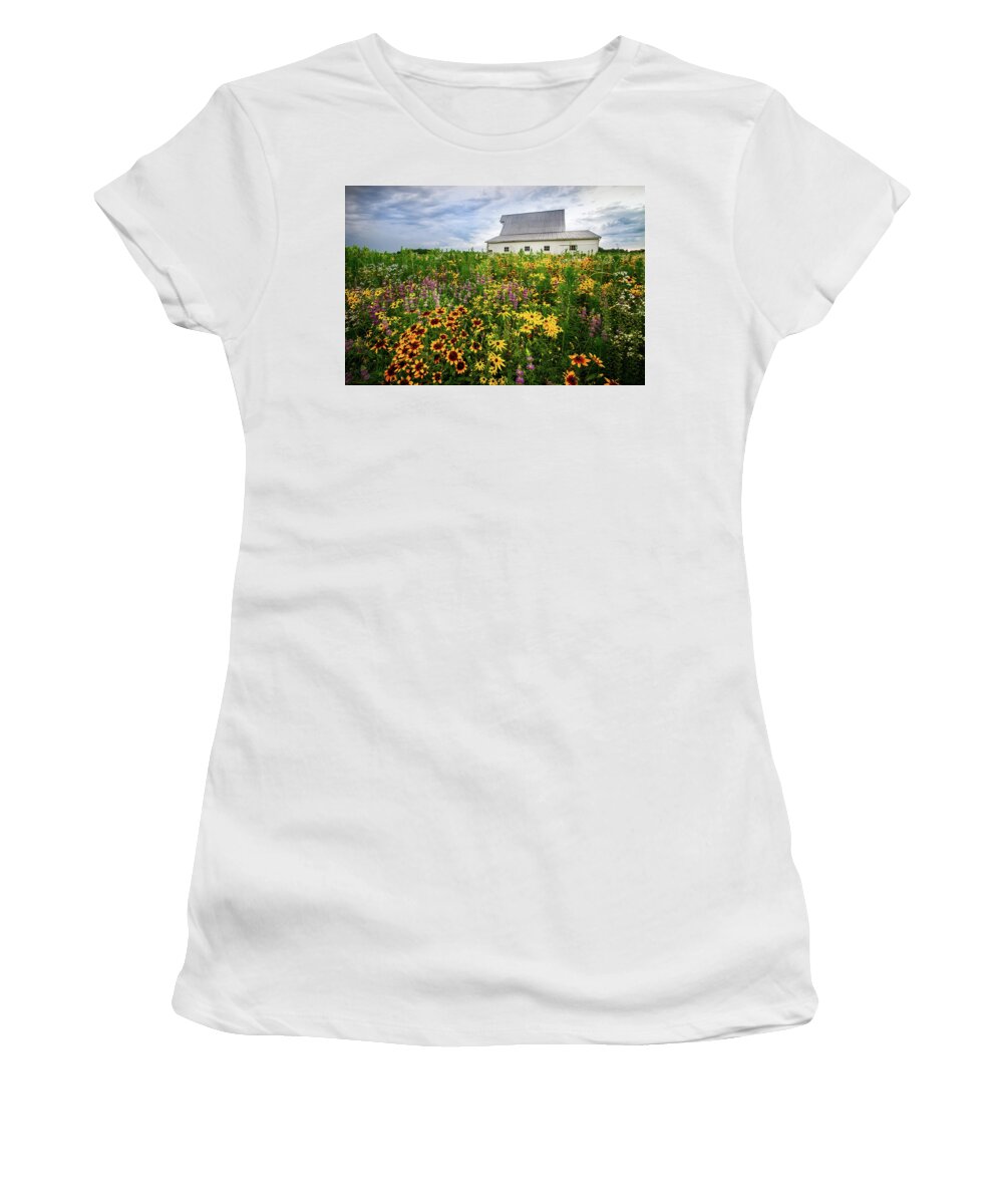 Gloriosa Daisy Women's T-Shirt featuring the photograph Barn and Wildflowers by Ron Pate