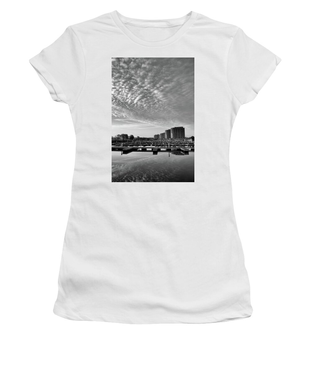Black And White Women's T-Shirt featuring the photograph Barrie Marina In November BW by Lyle Crump