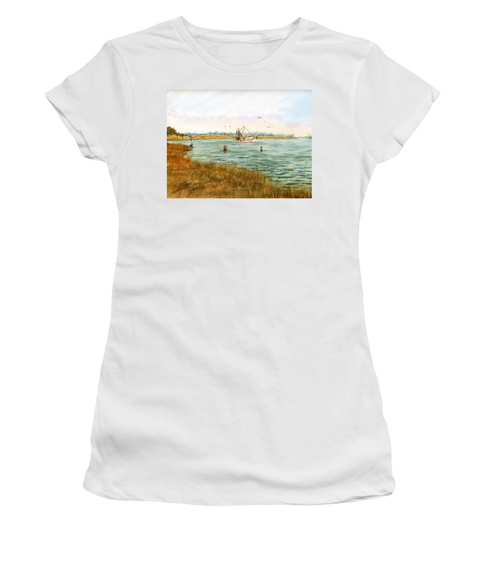 Bayou Women's T-Shirt featuring the painting Bayou Shrimping by Barry Jones