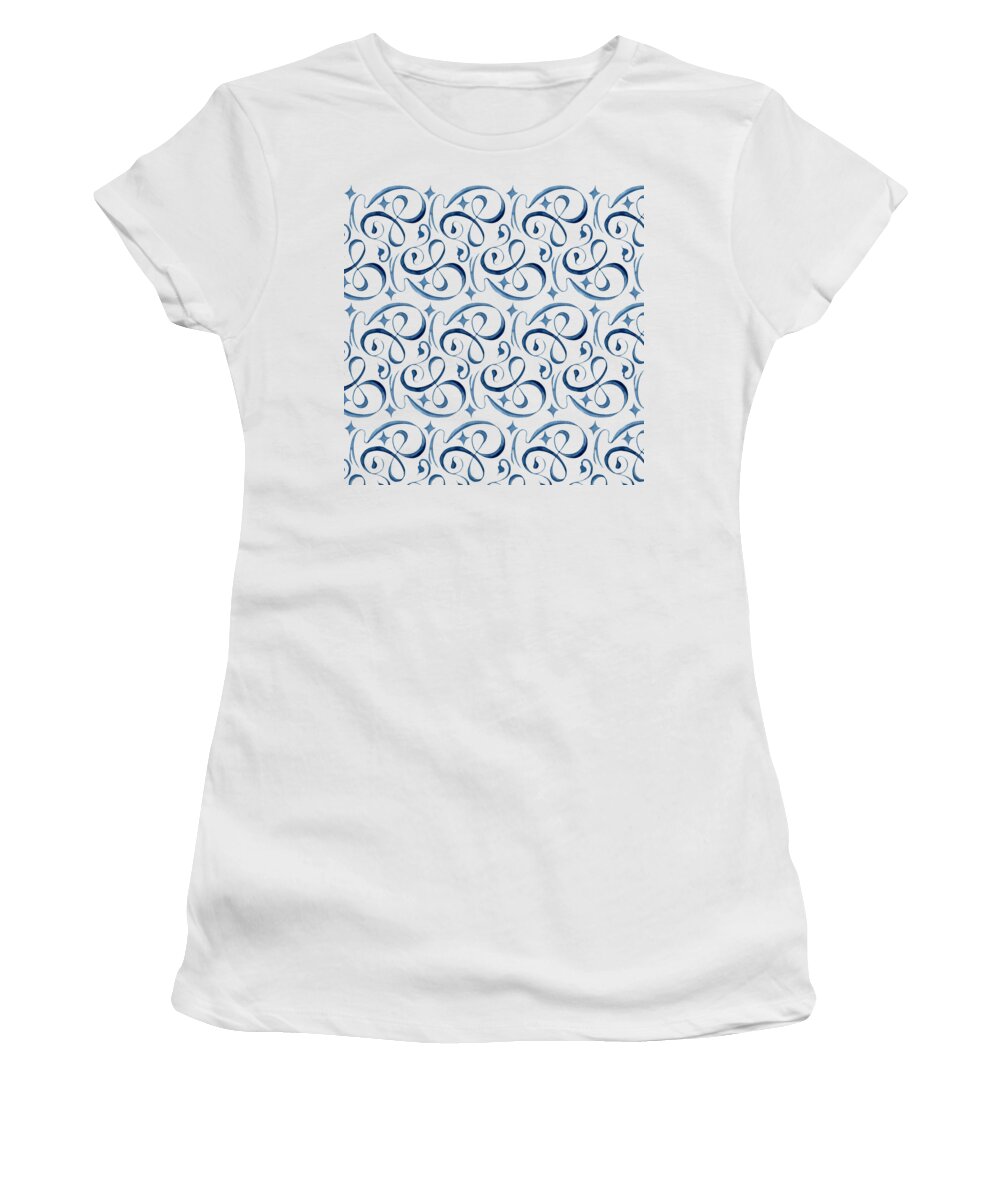 Indigo Blue Women's T-Shirt featuring the painting Beach House Indigo Star Swirl Scroll Pattern by Audrey Jeanne Roberts
