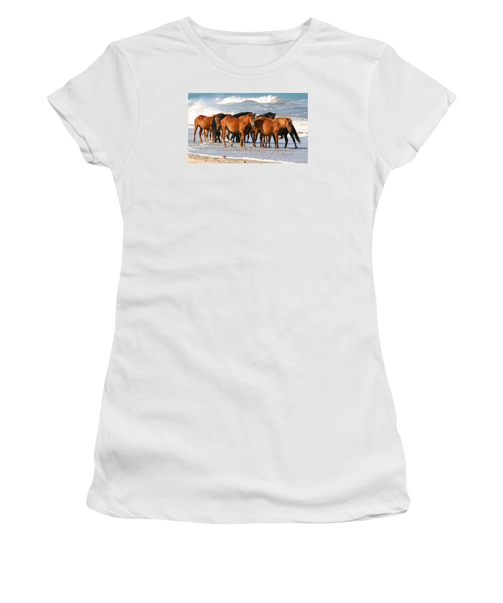 Waves Women's T-Shirt featuring the photograph Beach Ponies by Robert Och