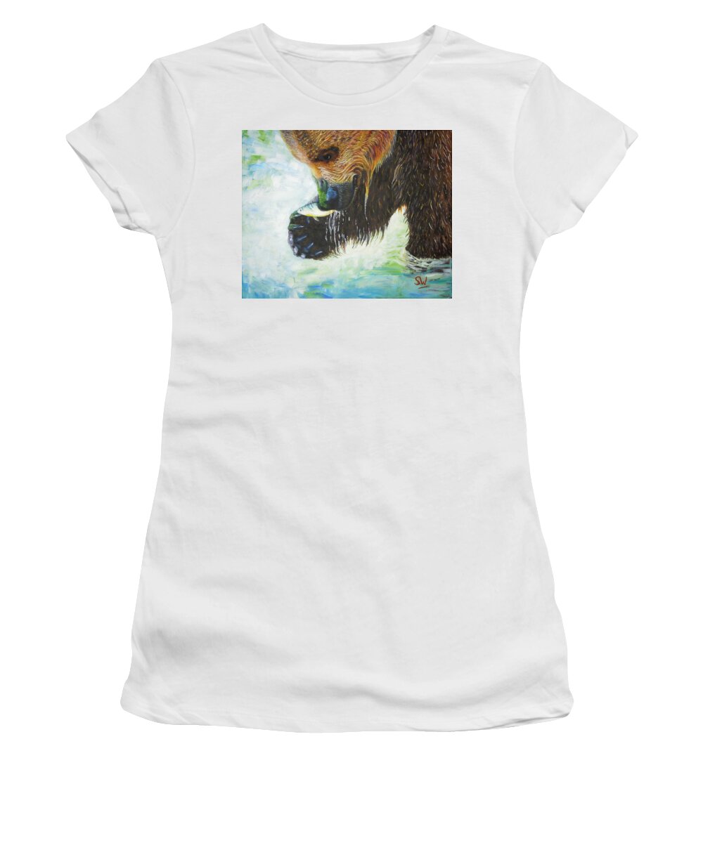 Painting Women's T-Shirt featuring the painting Bear Fishing by Shirley Wellstead