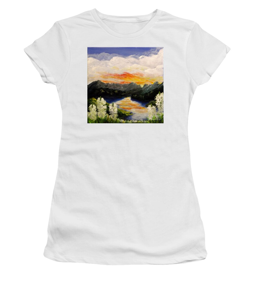Water Women's T-Shirt featuring the painting Bear Grass on the Clark Fork by Carol Kovalchuk