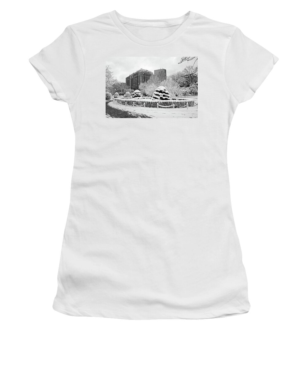 Boston Women's T-Shirt featuring the photograph Beautiful Winter Wonderland in the Boston Public Garden Boston MA Wonderland Black and White by Toby McGuire