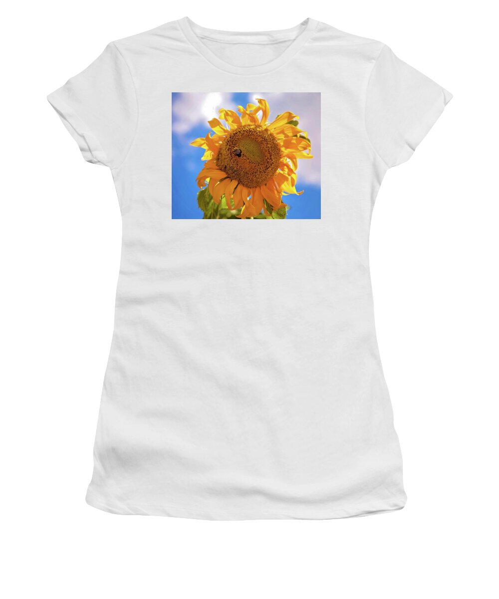 Sunflower Women's T-Shirt featuring the photograph Bee shaded by Sunflower by Toni Hopper