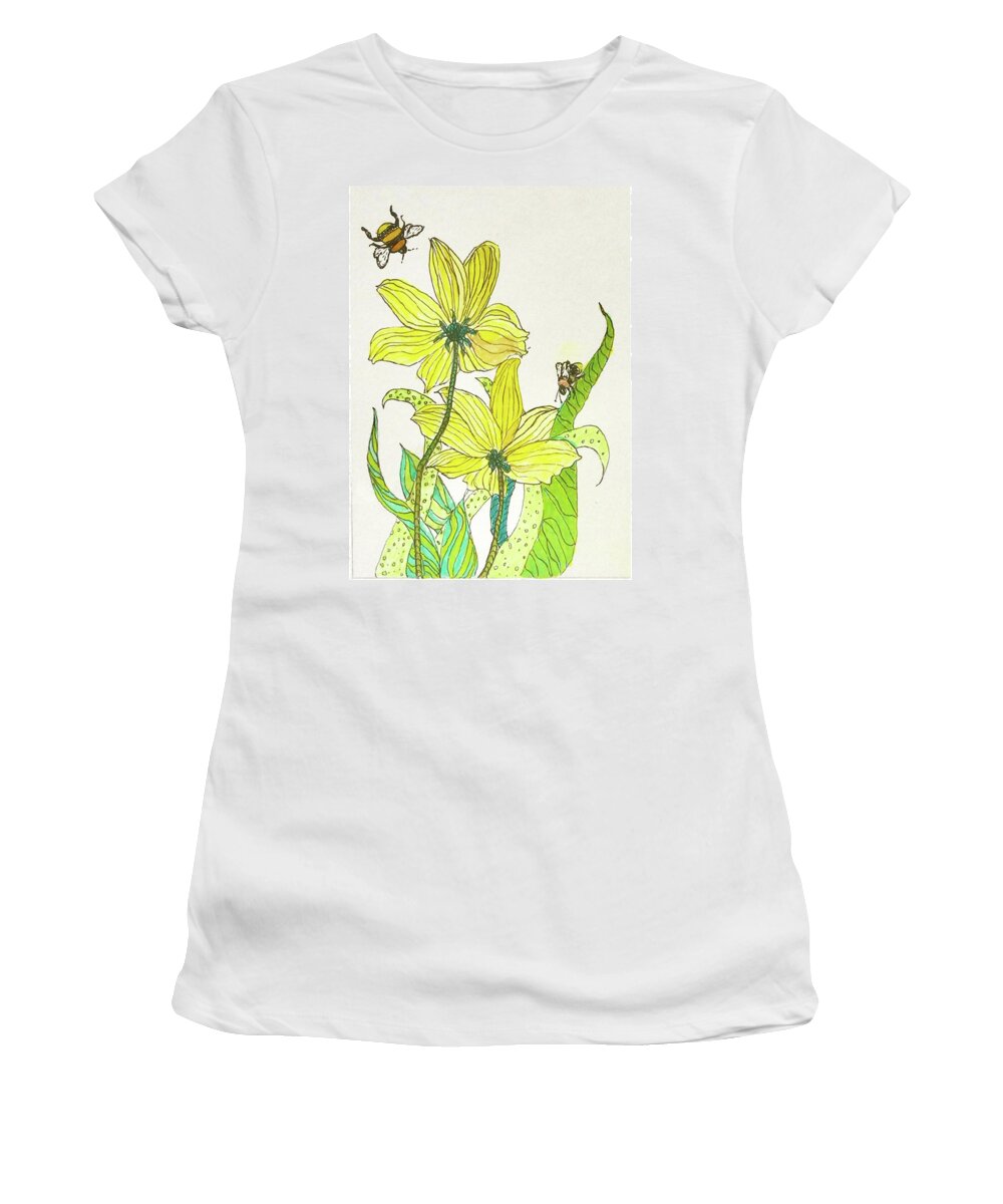Zentangle Women's T-Shirt featuring the drawing Bees and Flowers by Harriett Masterson