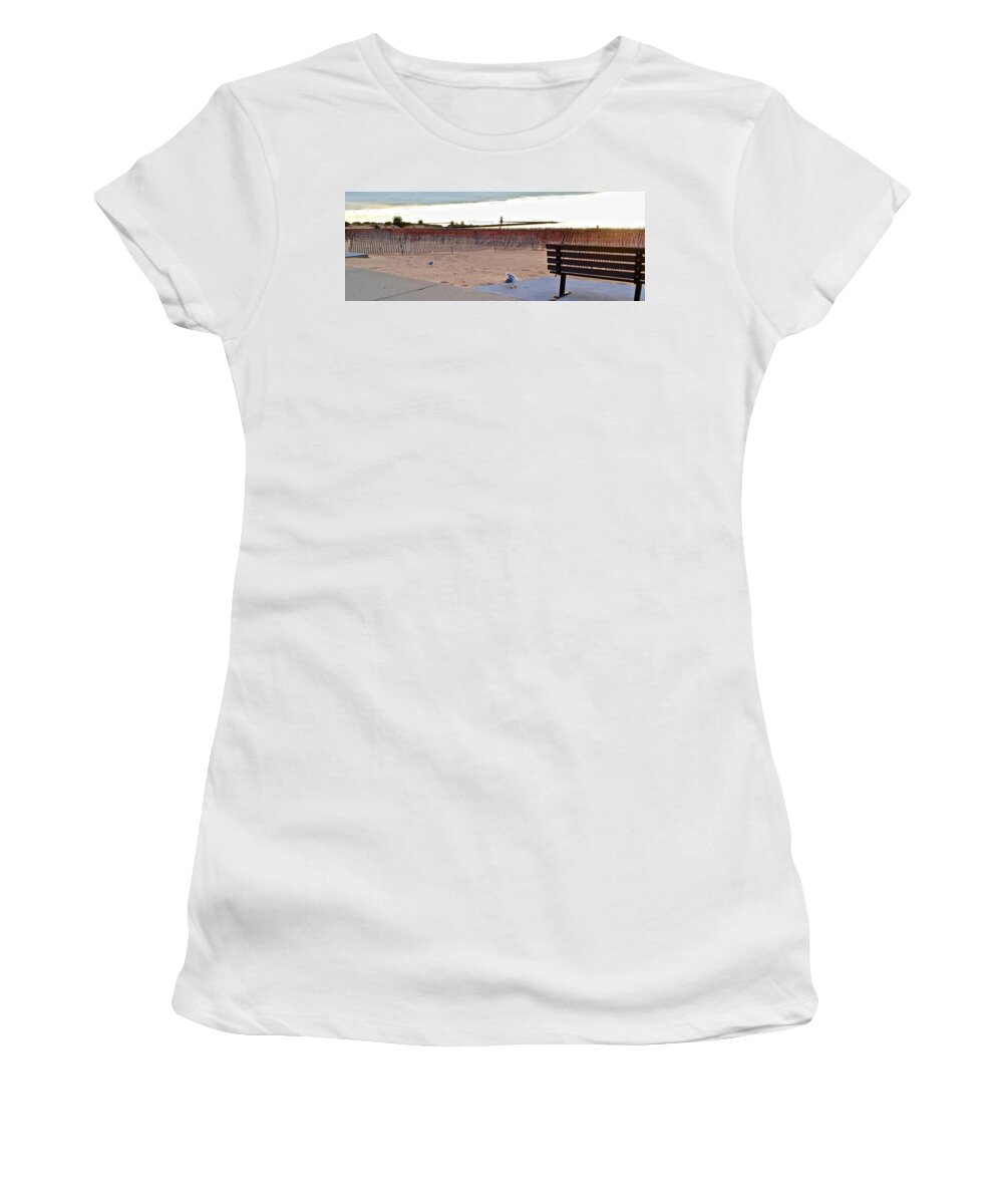 Photography Photo Women's T-Shirt featuring the photograph Bench, Birds, Beach and Lighthouse by Kenlynn Schroeder