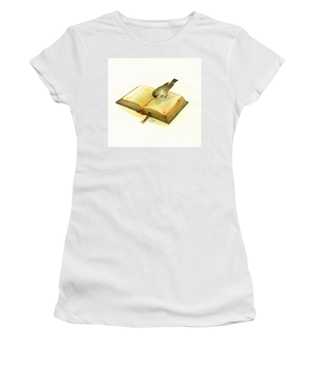 Book Bird Women's T-Shirt featuring the painting Bird and Book by Kestutis Kasparavicius