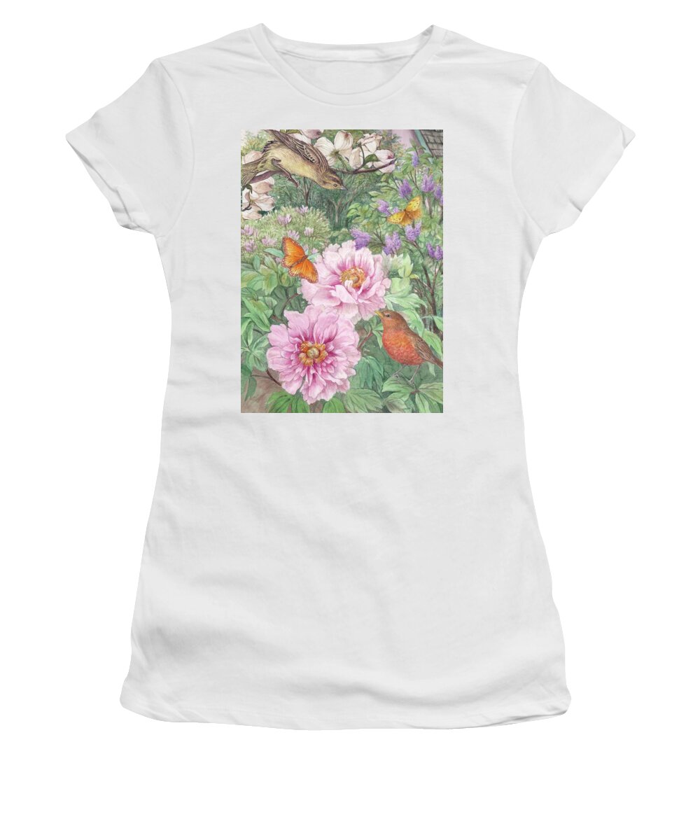 Illustrated Peony Women's T-Shirt featuring the painting Birds Peony Garden Illustration by Judith Cheng