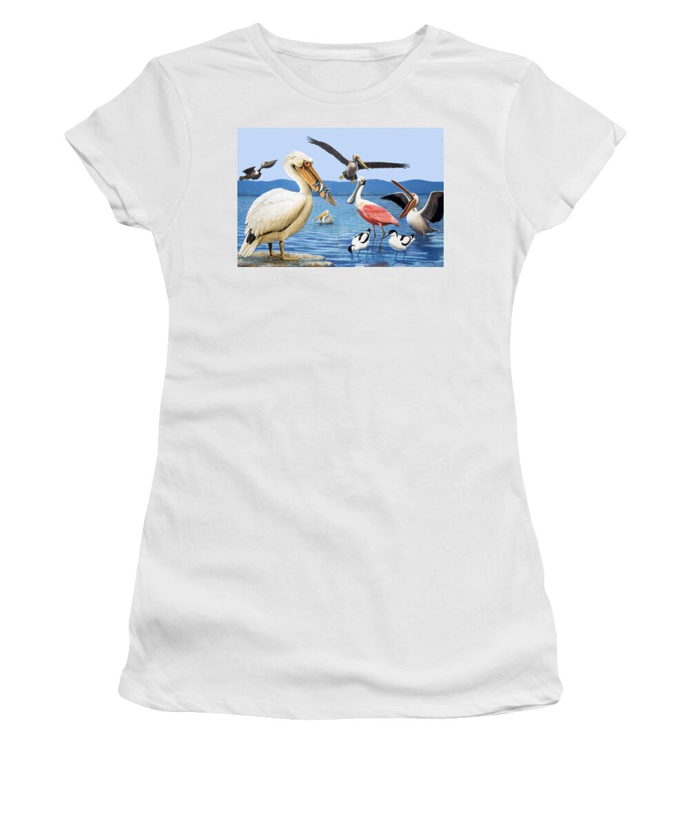 Birds; Beaks; White Pelican; Brown Pelican; Roseate Spoonbill; Avocet; Fish; Water; Lake; America Women's T-Shirt featuring the painting Birds with strange beaks by R B Davis