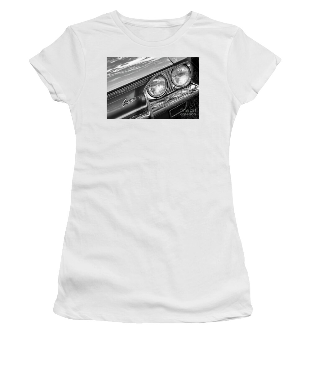 Corvair Women's T-Shirt featuring the photograph Black and White Corvair by Dennis Hedberg