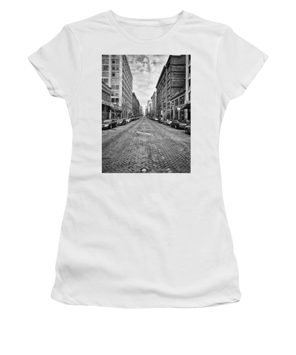 Street Women's T-Shirt featuring the photograph Black and White Street by Mike Dunn