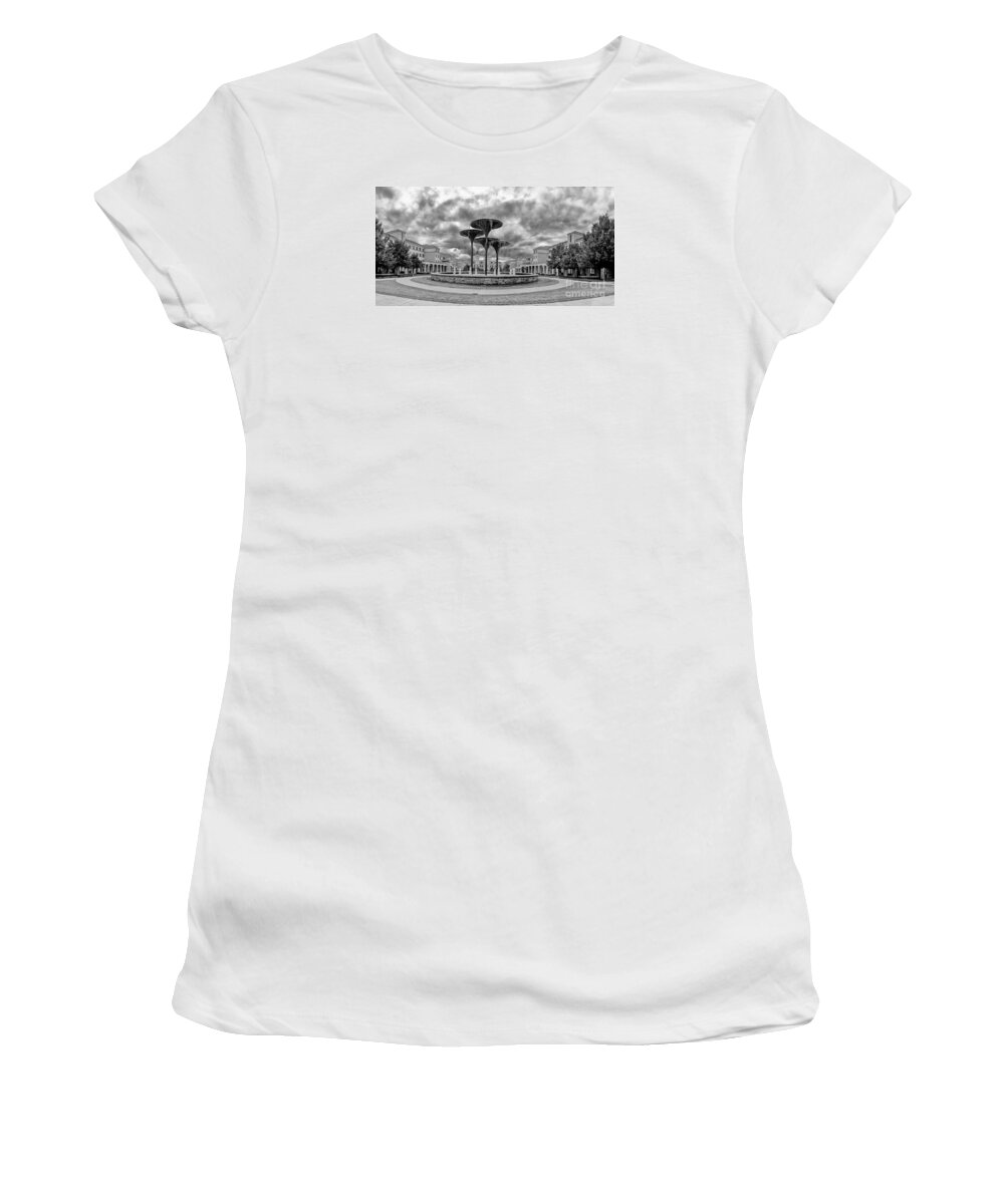 Fort Women's T-Shirt featuring the photograph Black White Panorama of Texas Christian University Campus Commons and Frog Fountain - Fort Worth by Silvio Ligutti