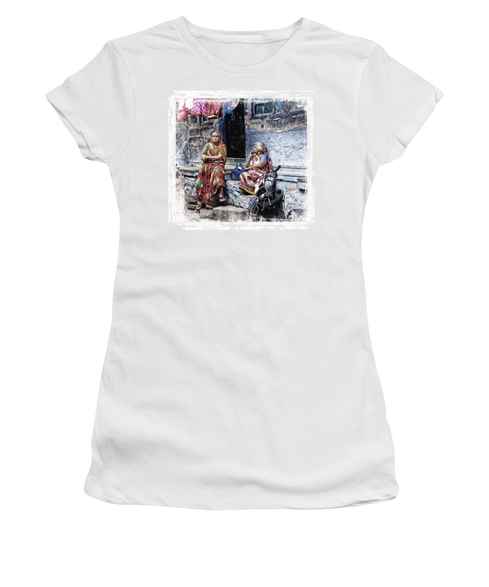 Shop Women's T-Shirt featuring the photograph Blue City House Hanging Out India Rajasthan 1c by Sue Jacobi