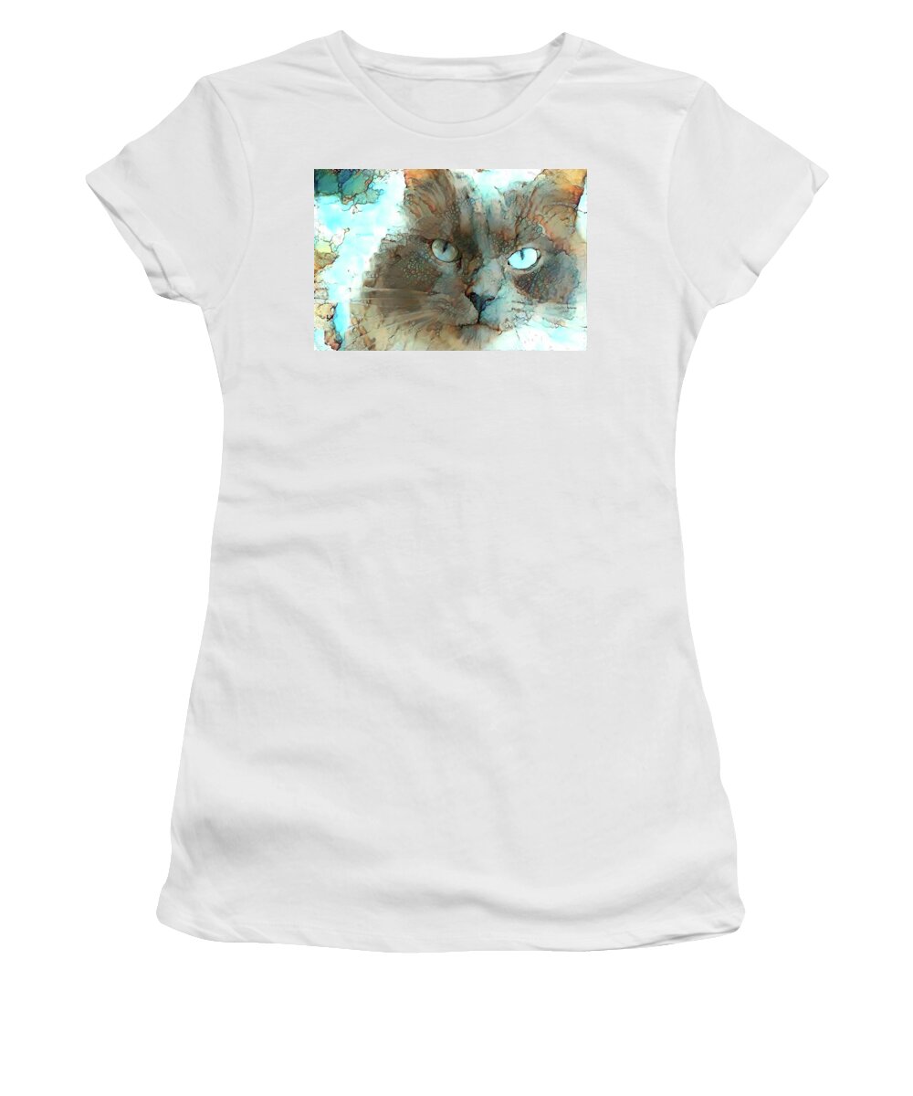Cat Women's T-Shirt featuring the digital art Blue Eyed Persian Cat Watercolor by Peggy Collins