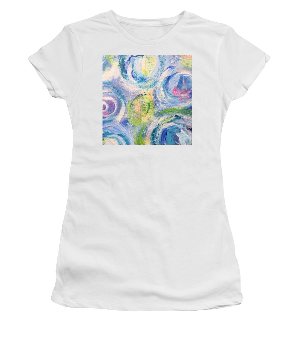 Painting Women's T-Shirt featuring the painting Blue Flowers - abstract painting by Cristina Stefan