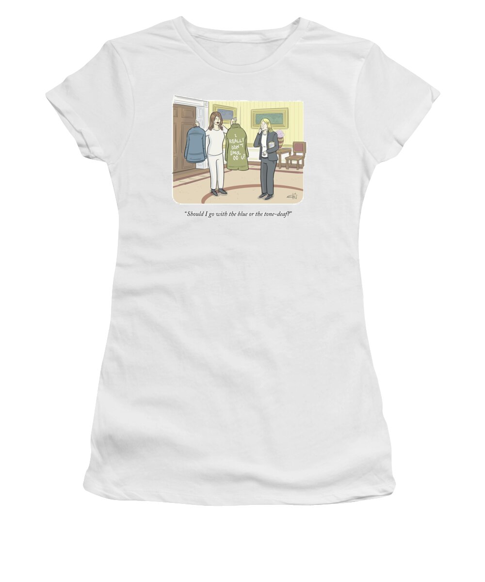 “should I Go With The Blue Or The Tone Deaf?” Women's T-Shirt featuring the drawing Blue or Tone Deaf by Ellis Rosen
