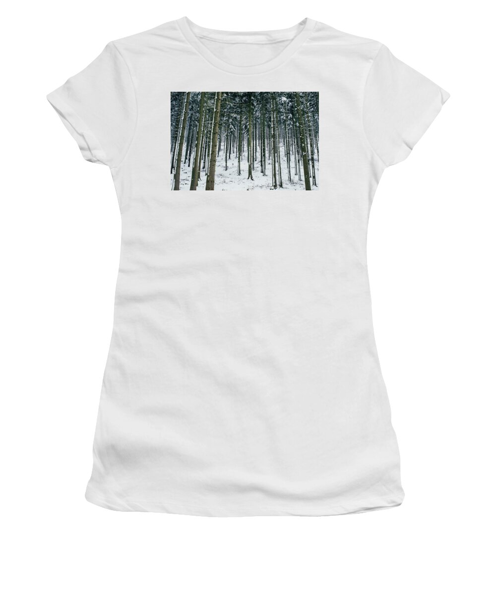 Winter Trees Women's T-Shirt featuring the photograph Blue Winter Forest by Pati Photography