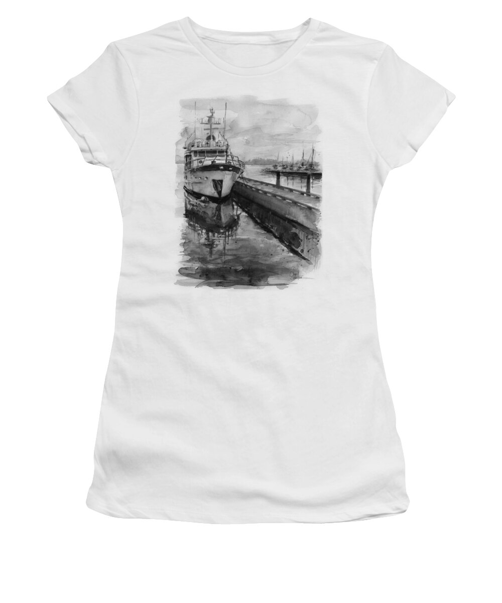 Kirkland Women's T-Shirt featuring the painting Boat on Waterfront Marina Kirkland Washington by Olga Shvartsur