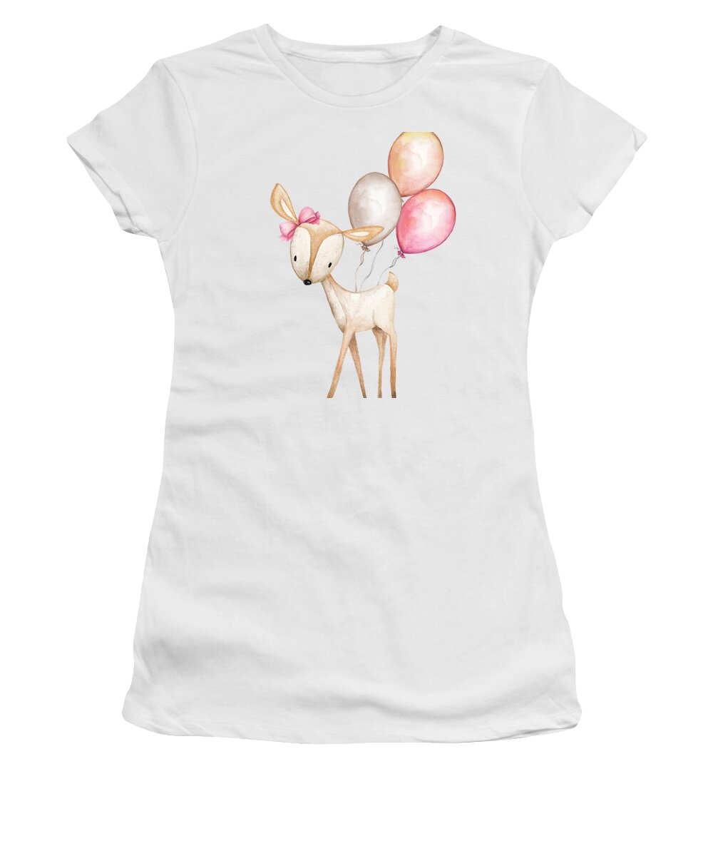 Boho Women's T-Shirt featuring the photograph Boho Deer With Balloons by Pink Forest Cafe
