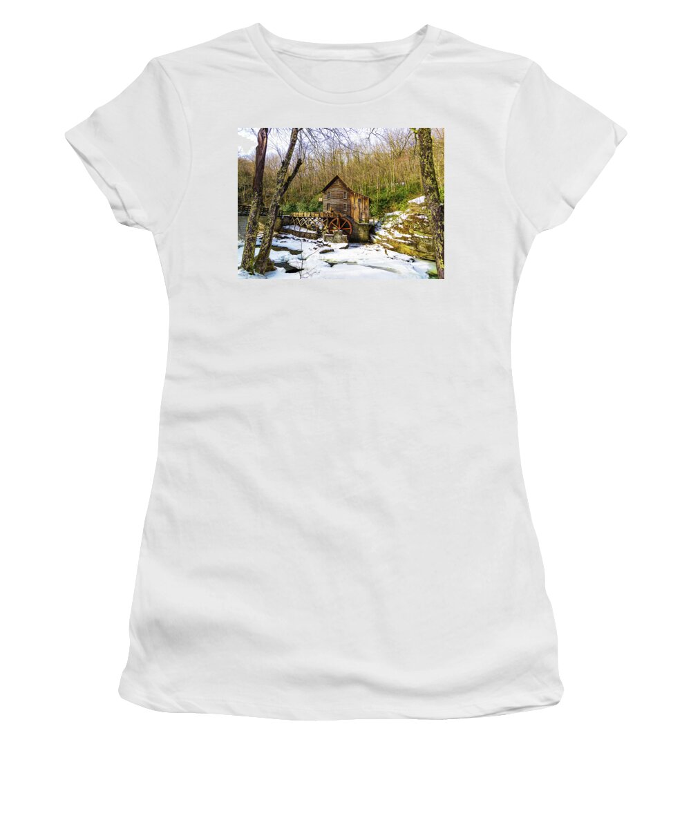 Babcock State Park Women's T-Shirt featuring the photograph Winter Babcock State Park Gristmill by Norma Brandsberg