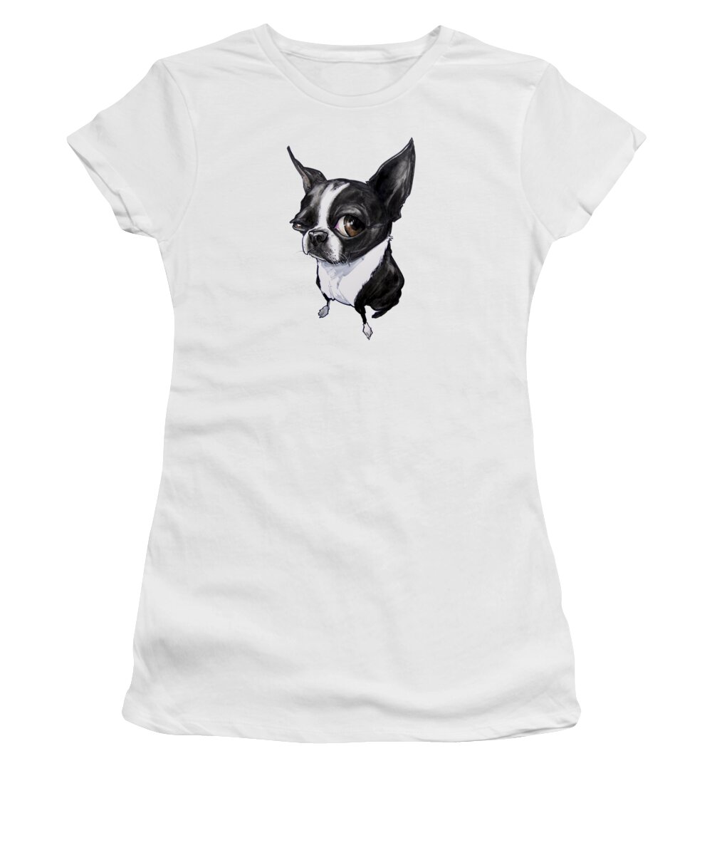Boston Terrier Women's T-Shirt featuring the drawing Boston Terrier by Canine Caricatures By John LaFree
