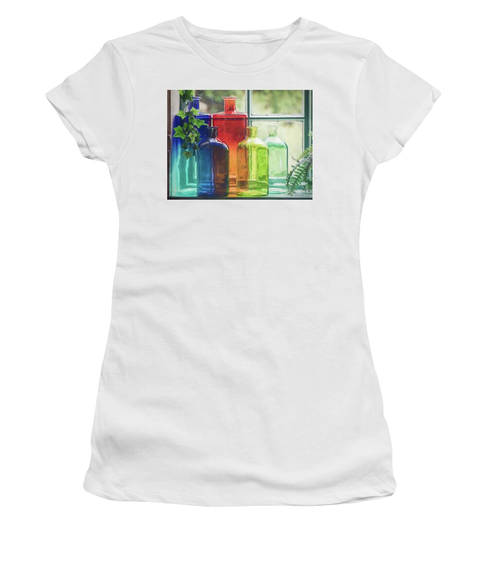 Blue Women's T-Shirt featuring the photograph Bottles in the Window by Teresa Wilson