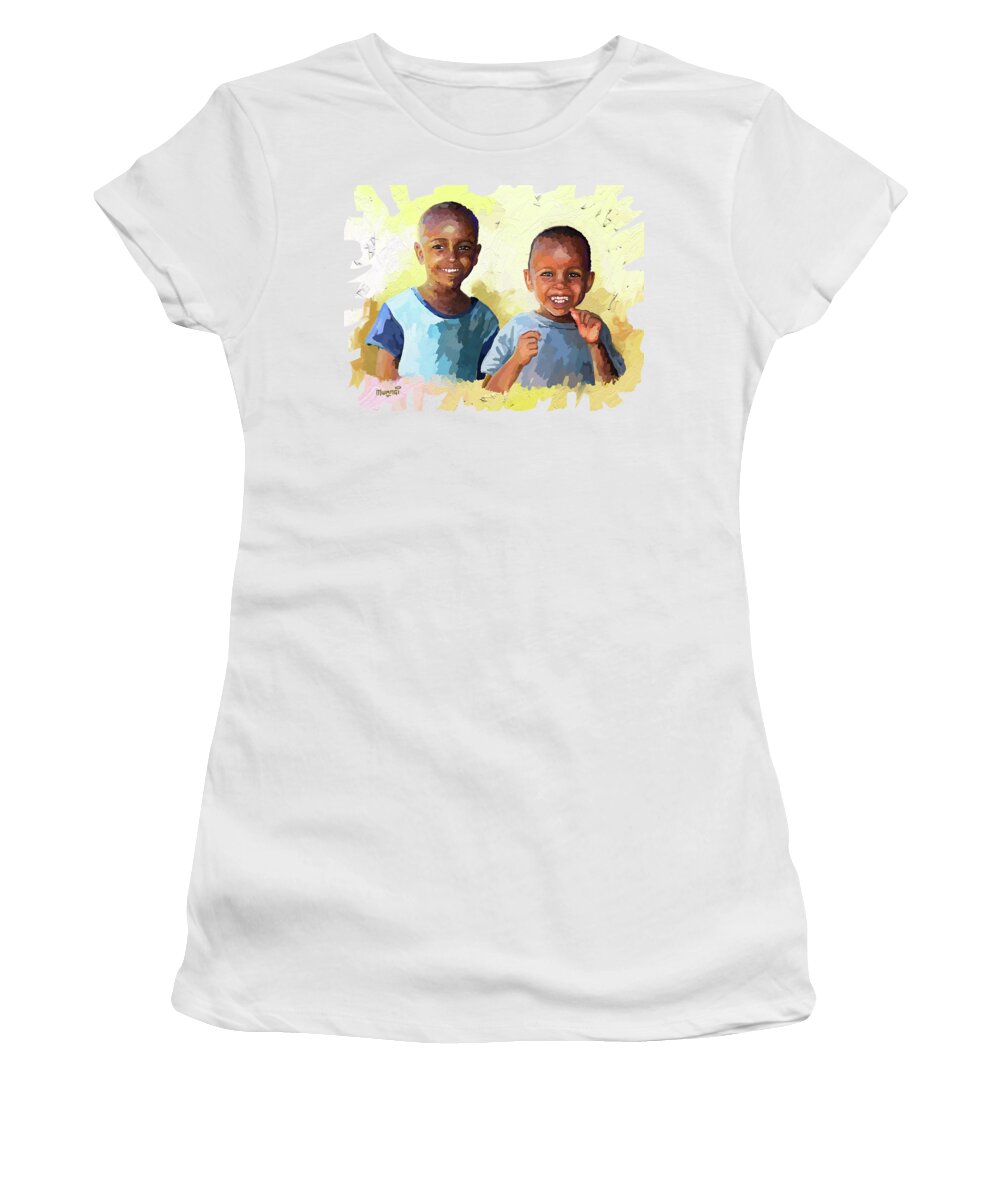 Black Women's T-Shirt featuring the painting Boys by Anthony Mwangi