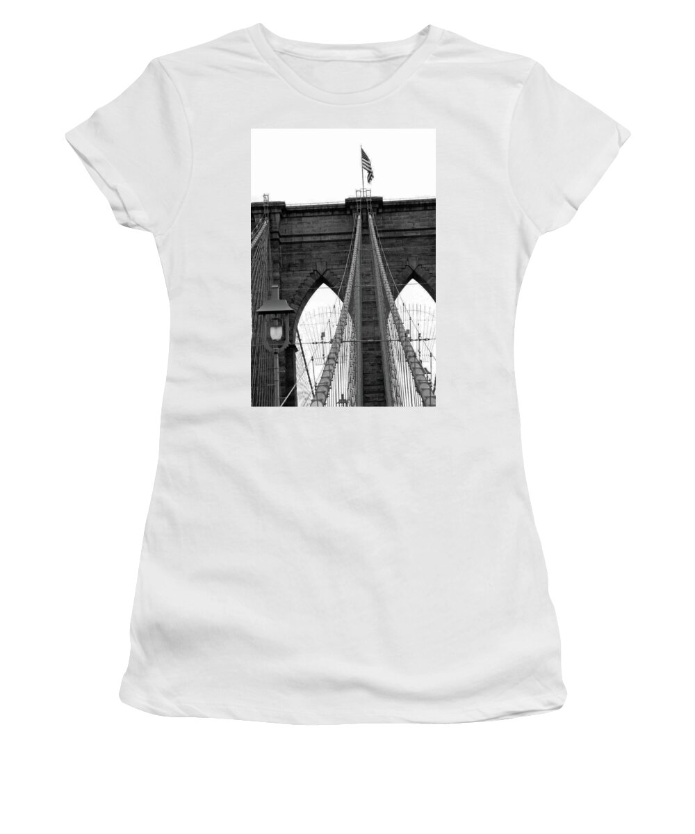 Brooklyn Bridge Women's T-Shirt featuring the photograph Brooklyn Bridge 02 BW - New York by Pamela Critchlow