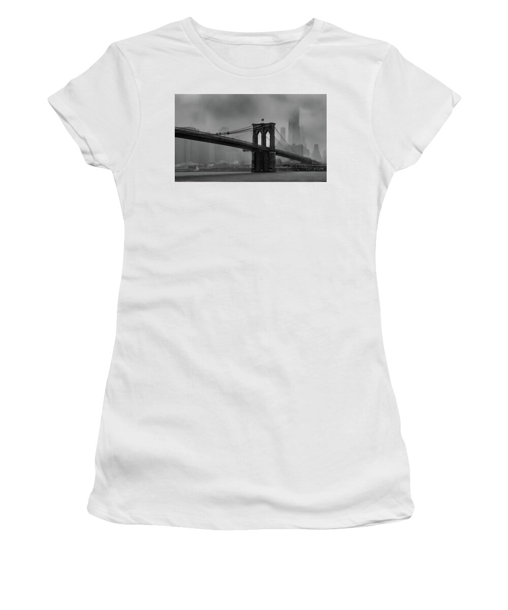Brooklyn Women's T-Shirt featuring the photograph Brooklyn Bridge in a Storm 2 by Adam Reinhart