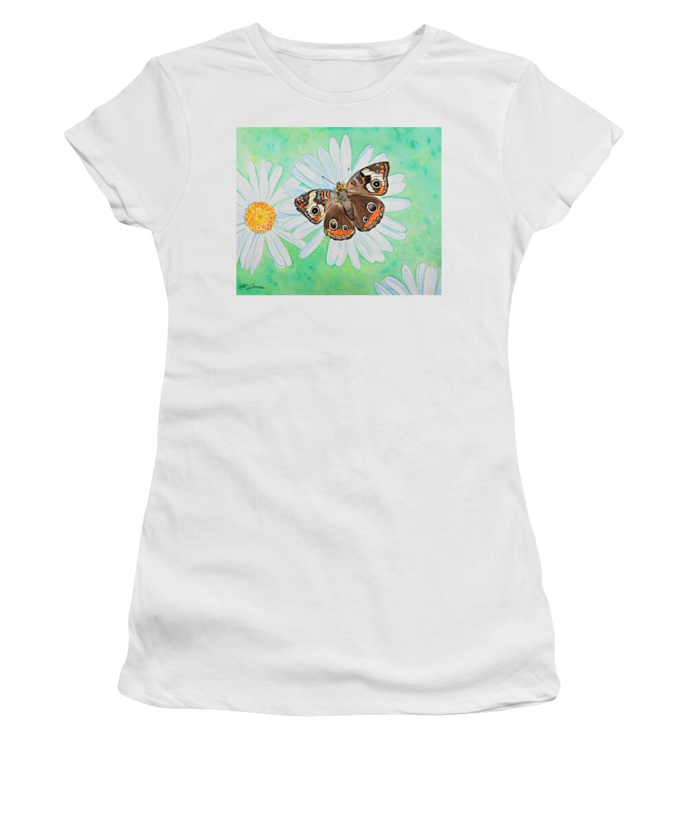 Butterfly Women's T-Shirt featuring the painting Buckeye on Oxeye by Sonja Jones