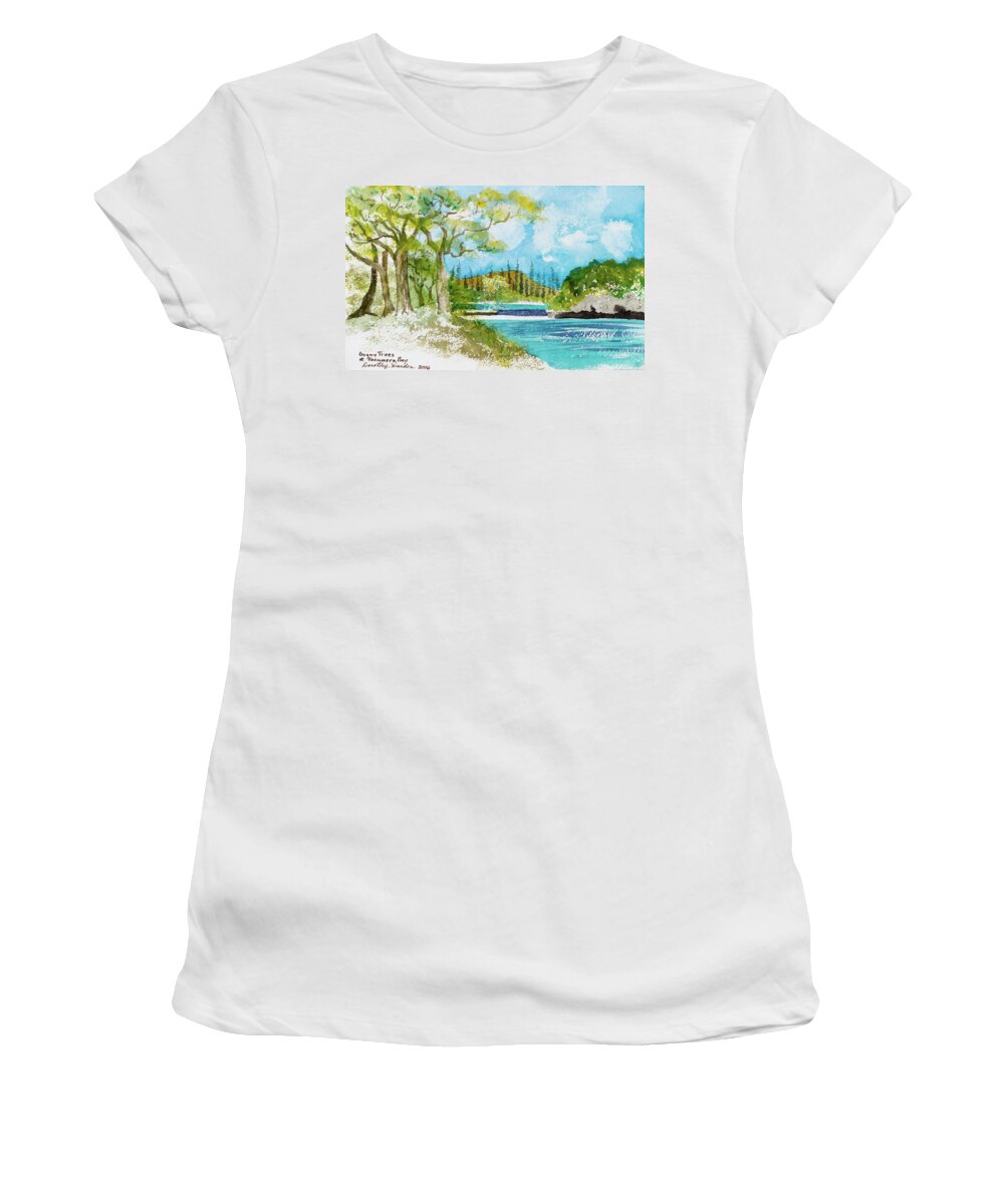 Afternoon Women's T-Shirt featuring the painting Bugny trees at Kanumera Bay, Ile des Pins by Dorothy Darden