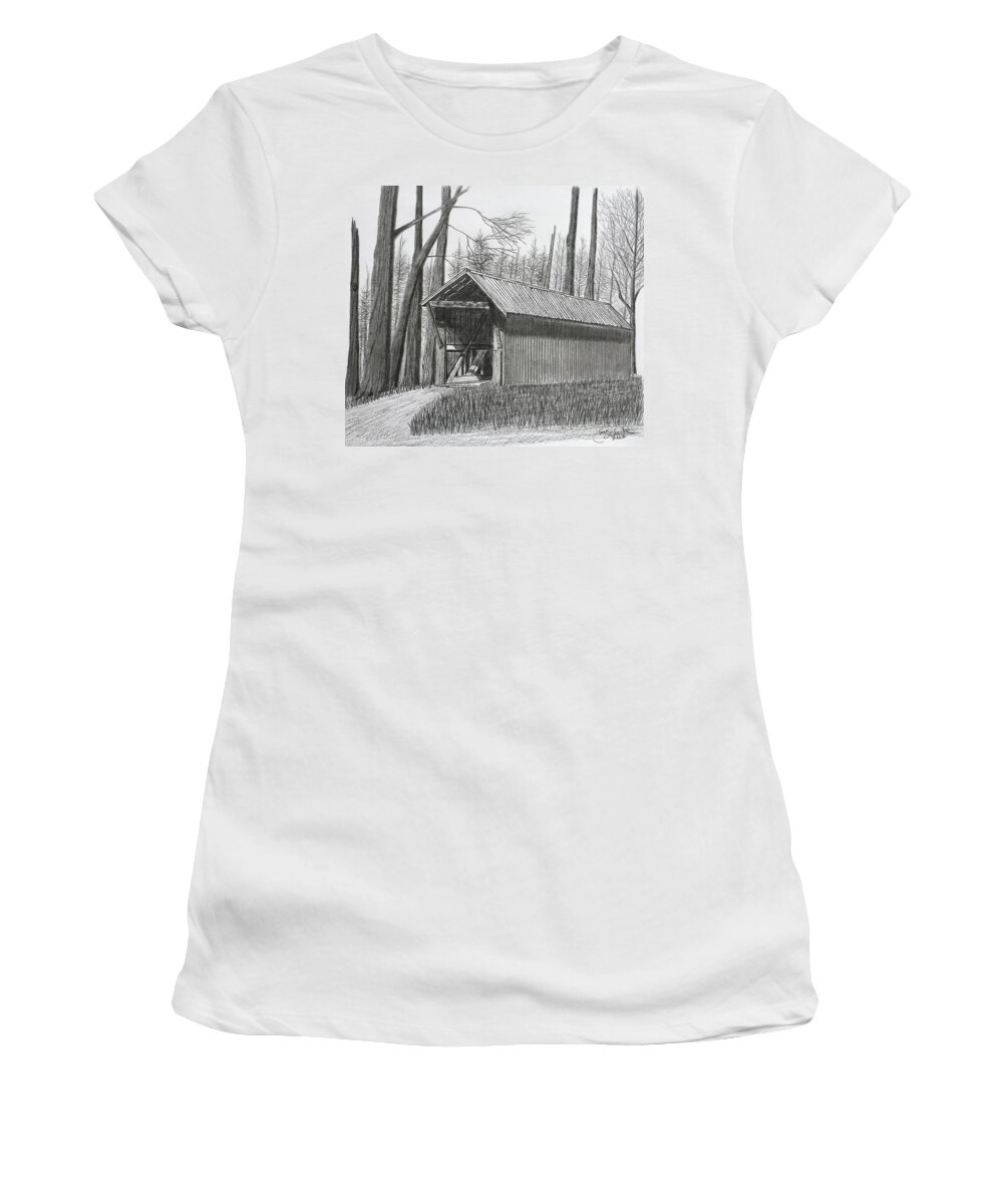 Covered Bridge Women's T-Shirt featuring the drawing Bunker Hill Covered Bridge by Tony Clark