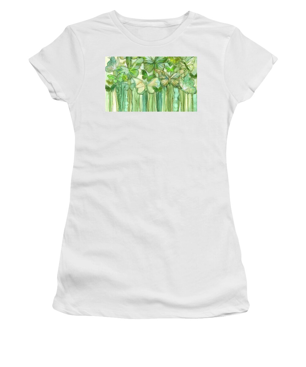 Carol Cavalaris Women's T-Shirt featuring the mixed media Butterfly Bloomies 3 - Yellow by Carol Cavalaris
