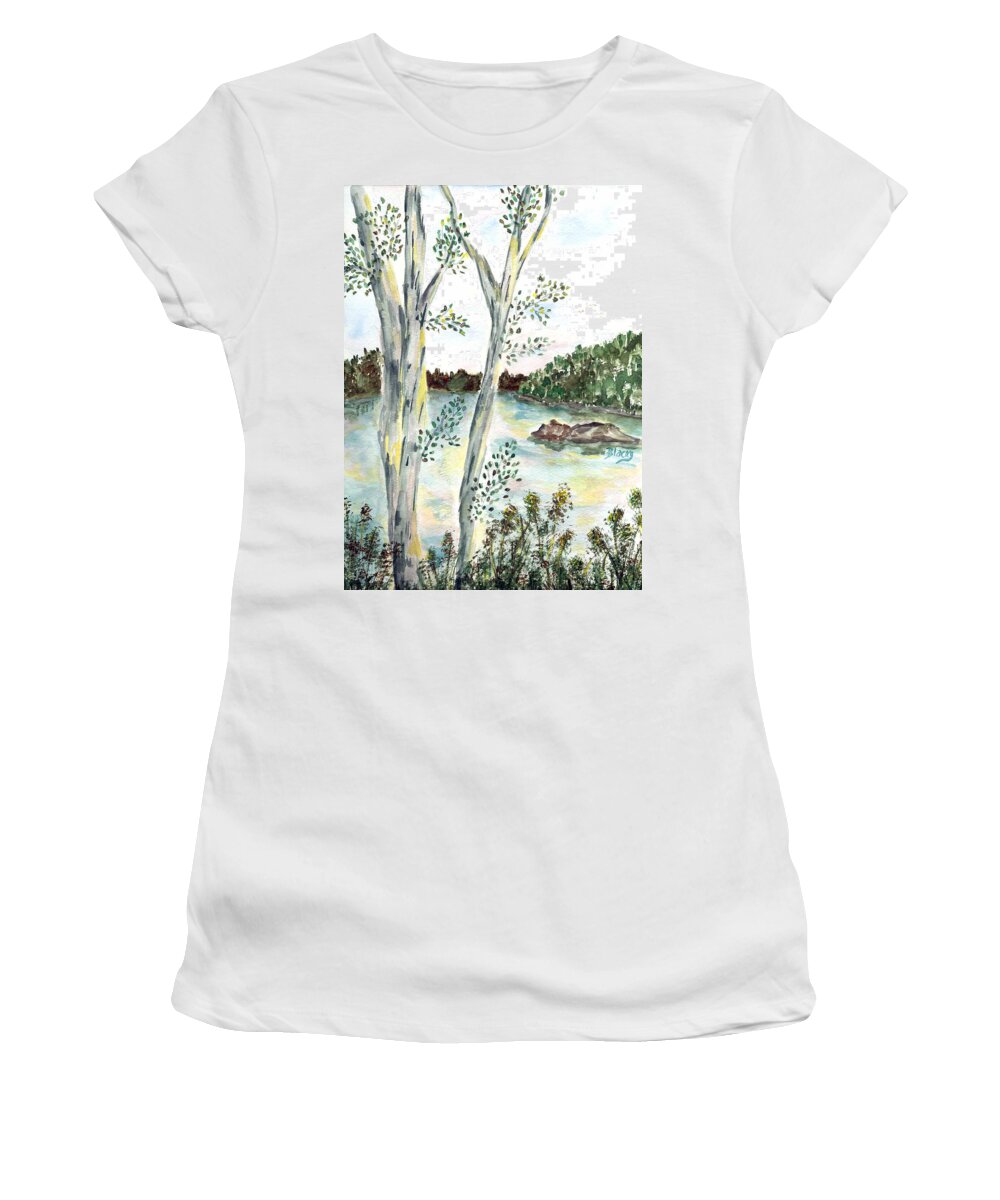 Trees Women's T-Shirt featuring the painting By The Lake by Donna Blackhall