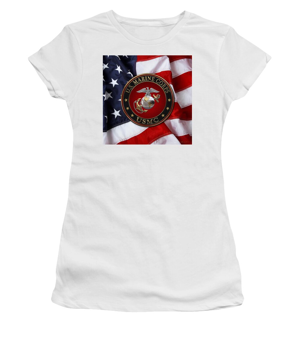 'usmc' Collection By Serge Averbukh Women's T-Shirt featuring the digital art C O and Warrant Officer E G A Special Edition over American Flag by Serge Averbukh