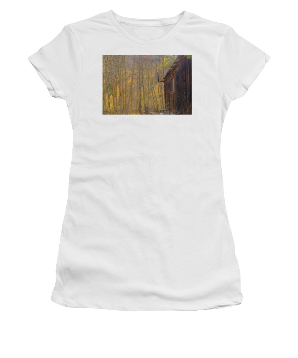Fall Women's T-Shirt featuring the photograph Cabin in the woods by Patricia Dennis