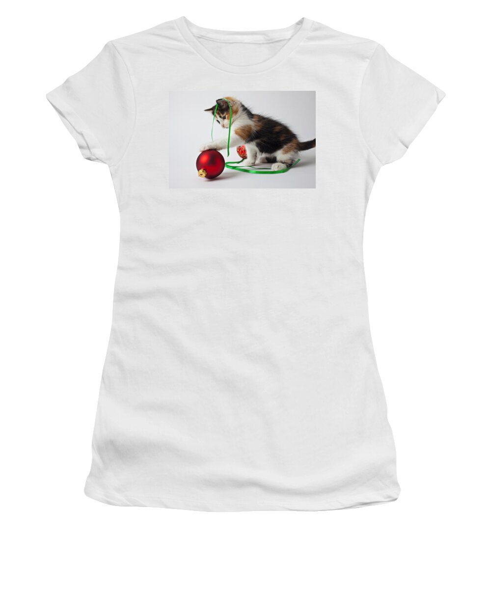 Calico Kitten Christmas Ornaments Women's T-Shirt featuring the photograph Calico kitten and Christmas ornaments by Garry Gay