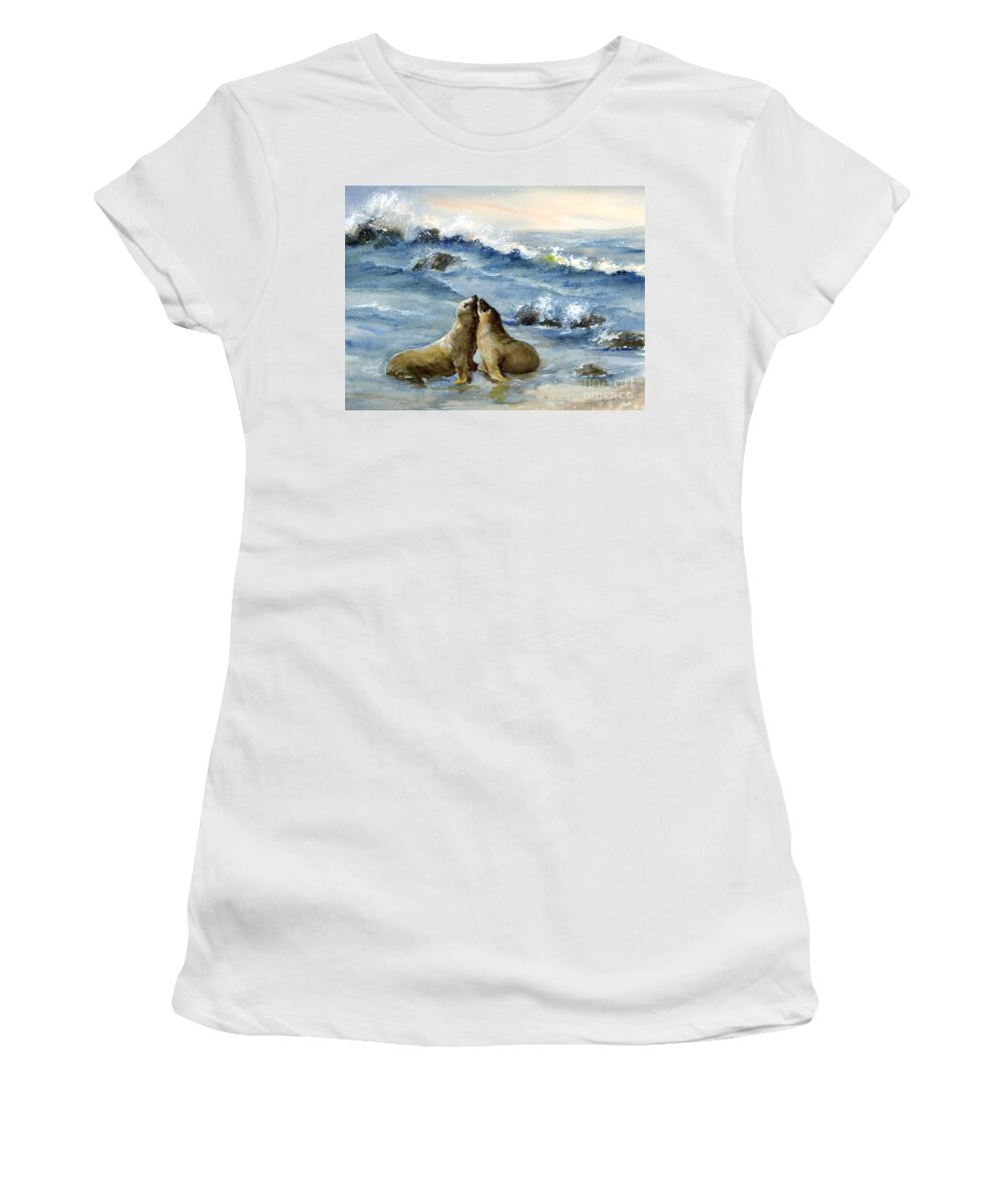 A Lovely Sea Lion Couple Stealing Kisses As Waves Crash On The Rocks Behind Them. Women's T-Shirt featuring the painting California Sea Lions by Virginia Potter