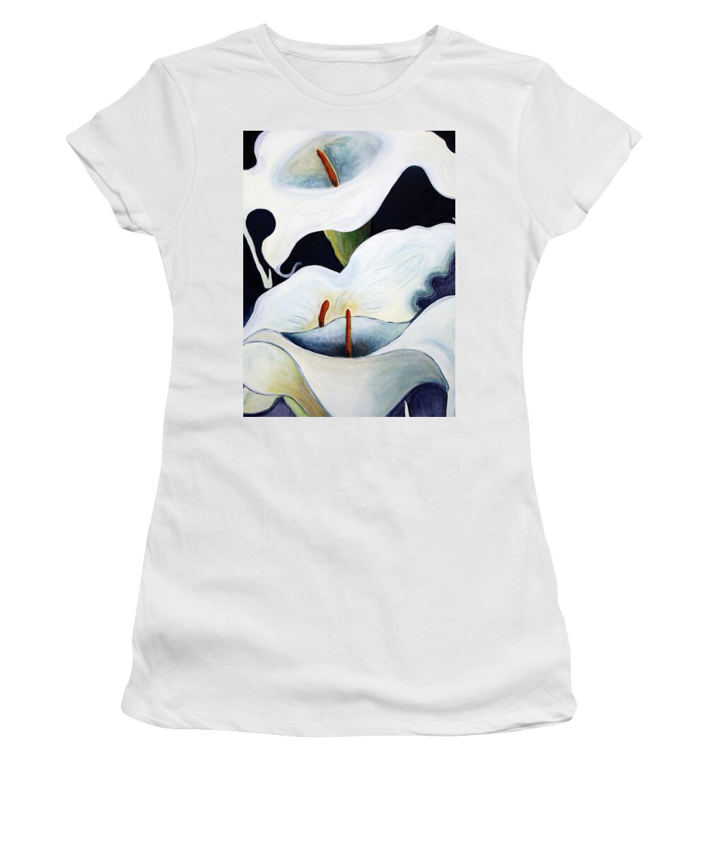 Floral Women's T-Shirt featuring the painting Calla Lilies.. by Jolanta Anna Karolska