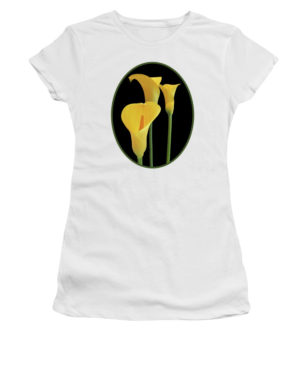 Yellow Flower Women's T-Shirt featuring the photograph Calla Lilies - Yellow on Black by Gill Billington