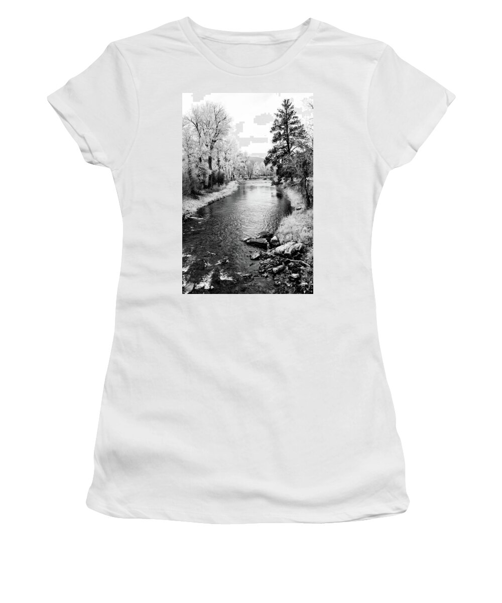 River Women's T-Shirt featuring the photograph Calm River Black and White by Athena Mckinzie