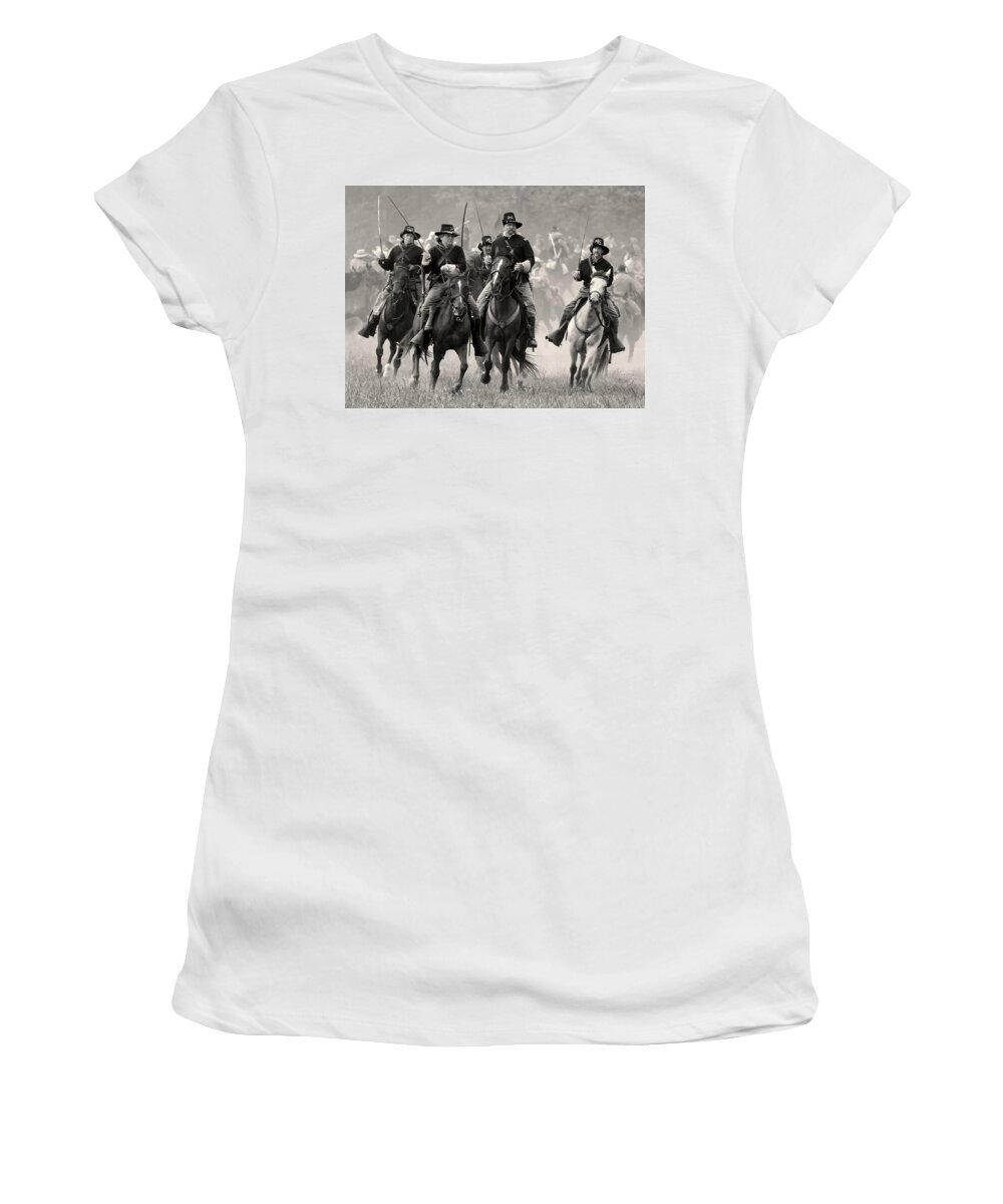 Reenactment Women's T-Shirt featuring the photograph Cavalry Skirmish by Art Cole