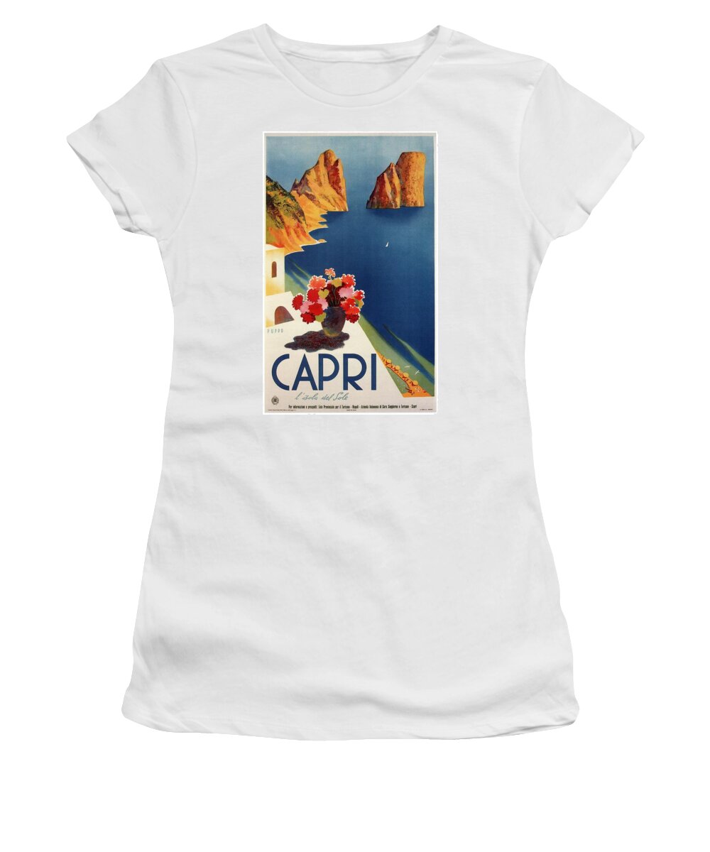 Travel Poster Women's T-Shirt featuring the mixed media Capri Island, Bay of Naples, Italy - Retro travel Poster - Vintage Poster by Studio Grafiikka