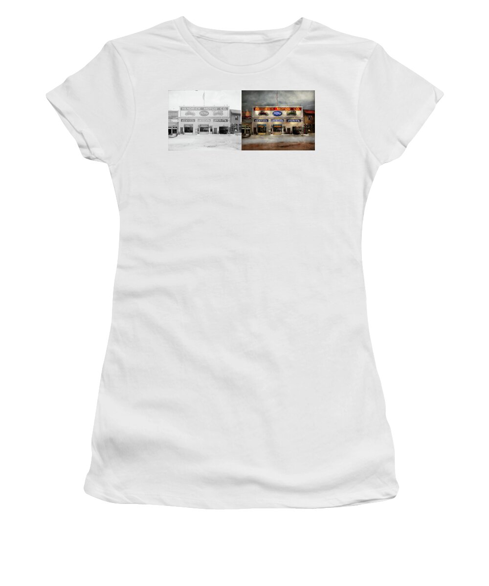 Hendrick Motor Women's T-Shirt featuring the photograph Car - Garage - Hendricks Motor Co 1928 - Side by Side by Mike Savad
