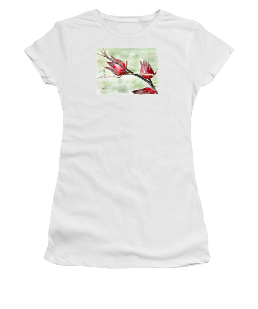 Sorrel Women's T-Shirt featuring the painting Caribbean Scenes - Sorrel Plant by Wayne Pascall
