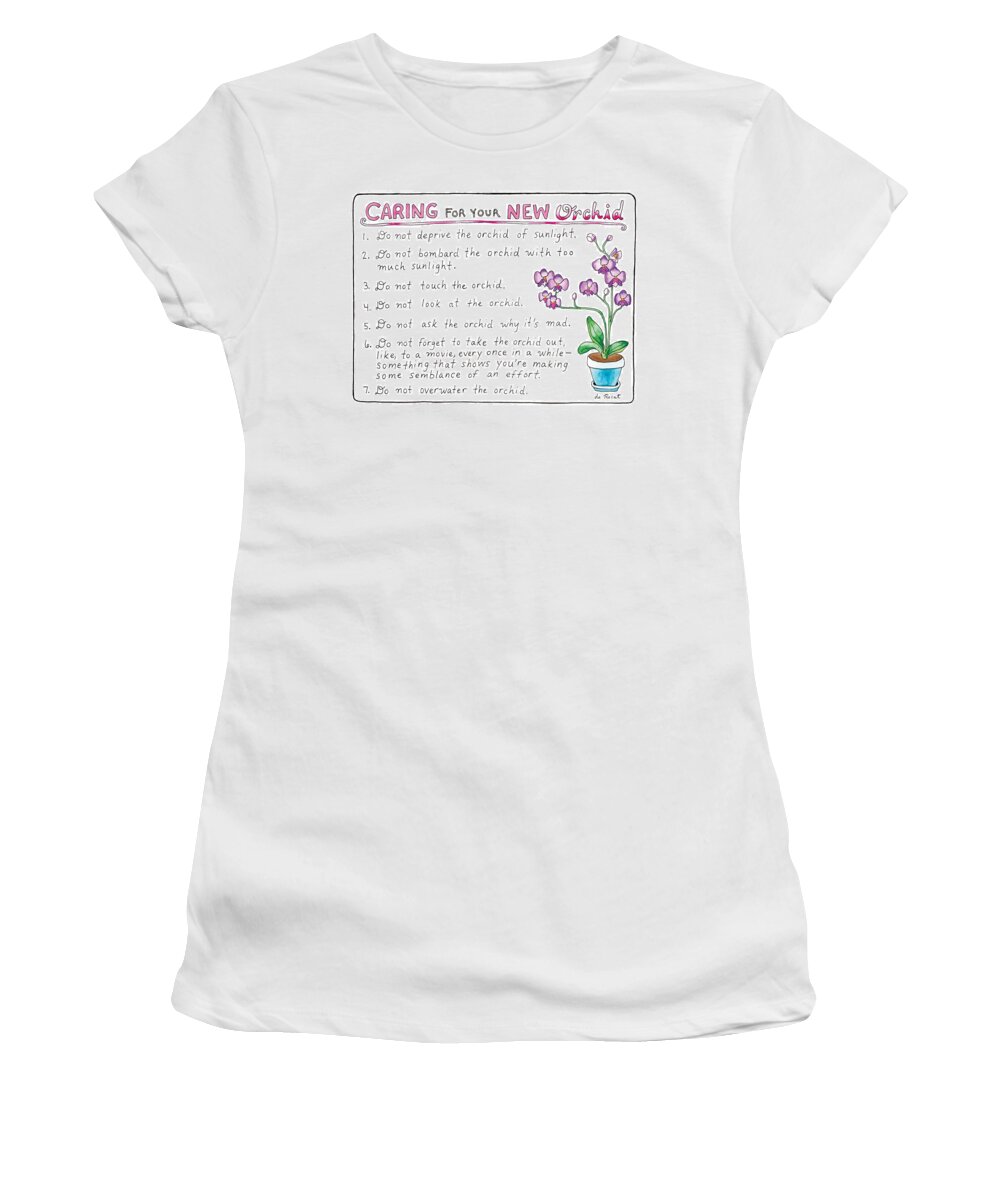 Caring For Your New Orchid Women's T-Shirt featuring the drawing Caring For Your New Orchid by Olivia de Recat