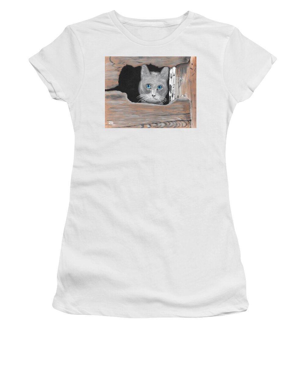 Cat Women's T-Shirt featuring the painting Cat in the hole by David Bigelow