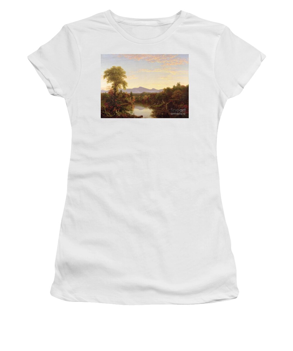 View; River; Autumnal; Autumn; Boat; Fall; Sunset; Catskills; American Landscape; Mountains; New England; Hudson River School; Catskills Women's T-Shirt featuring the painting Catskill Creek - New York by Thomas Cole