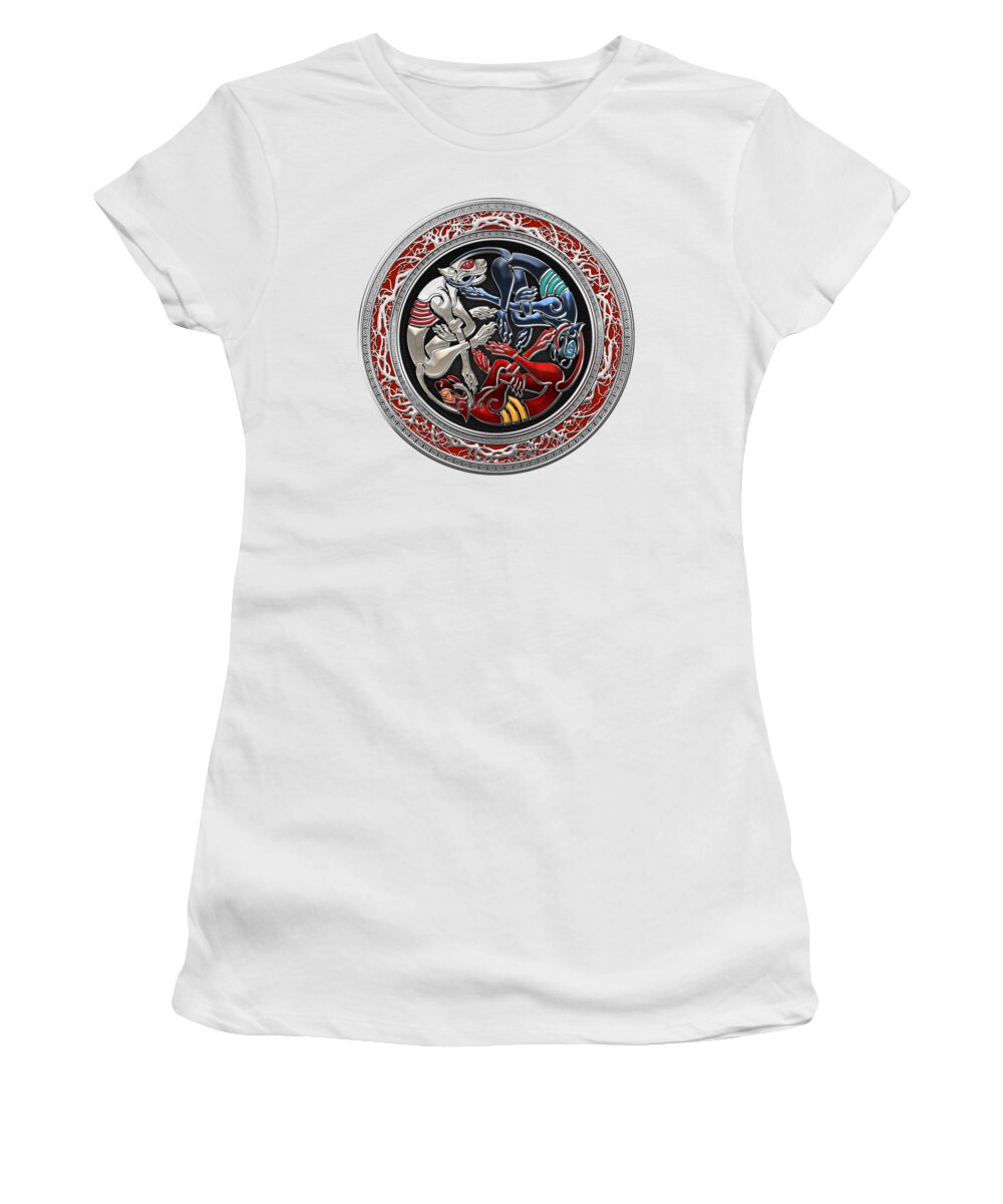 ‘celtic Treasures’ Collection By Serge Averbukh Women's T-Shirt featuring the digital art Celtic Treasures - Three Dogs on Silver and White Leather by Serge Averbukh